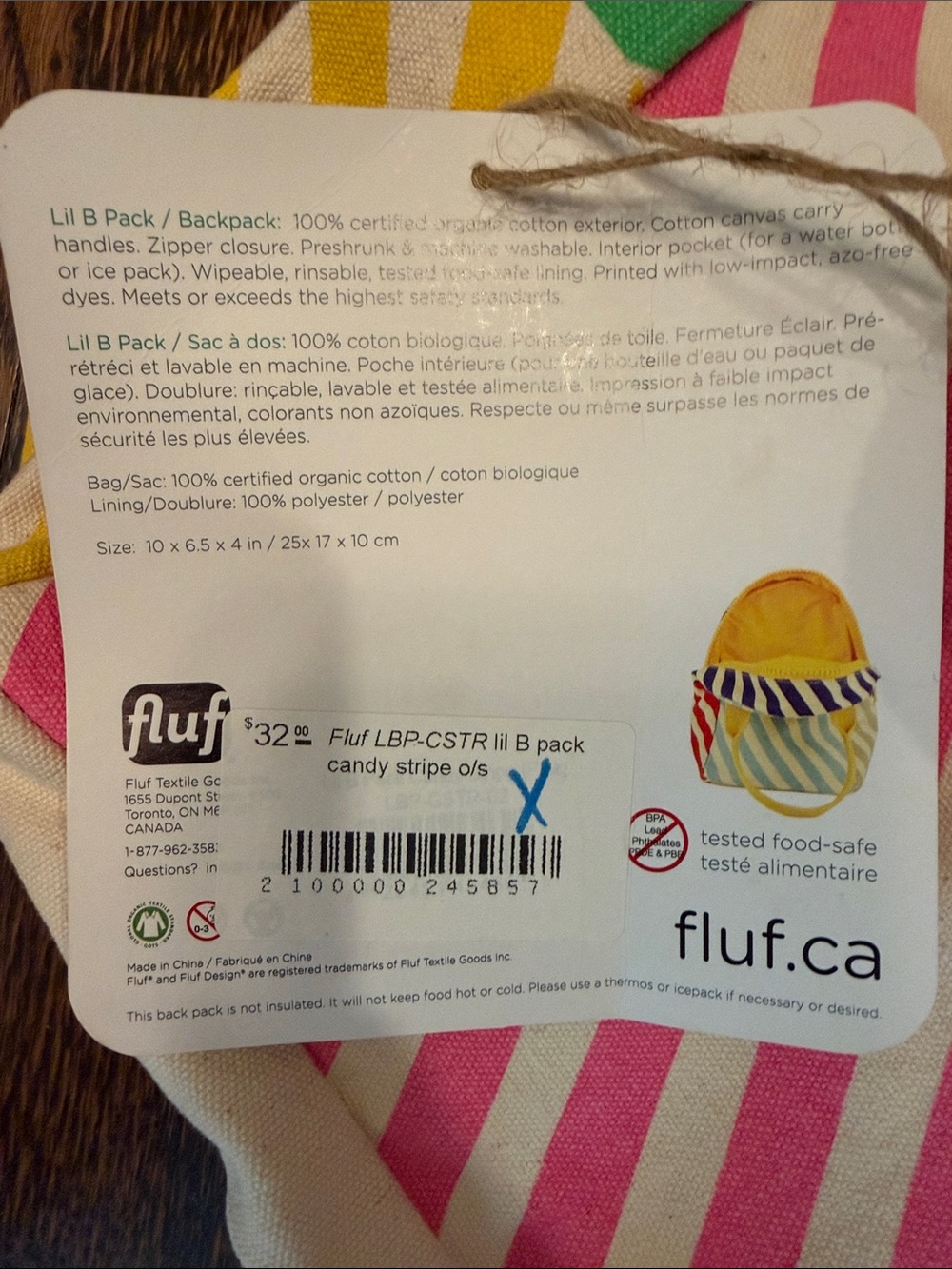 Fluf Lil B Pack Cotton Canvas Striped Wipeable Mini Backpack - Pink, Yellow - Picture 2 of 6